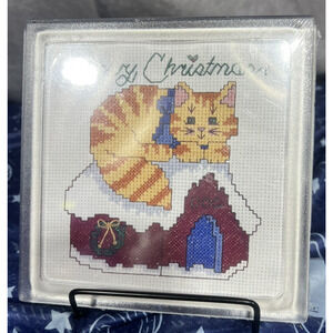 Cat Hot Plate Trivet Coaster Cross Stitch Kit Meowy Christmas Kitty Kit Trivet